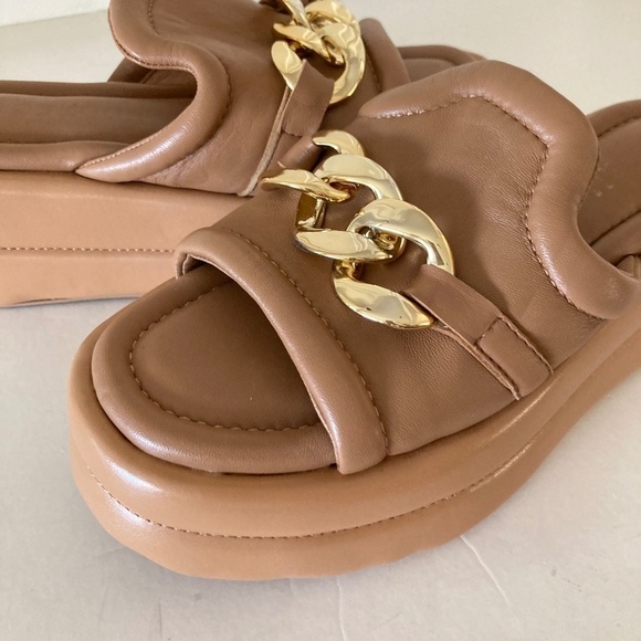 Alba Moda Anthropologie Brown Leather Gold Hardware Platform Slide Sandals Sz 36 - Picture 3 of 6